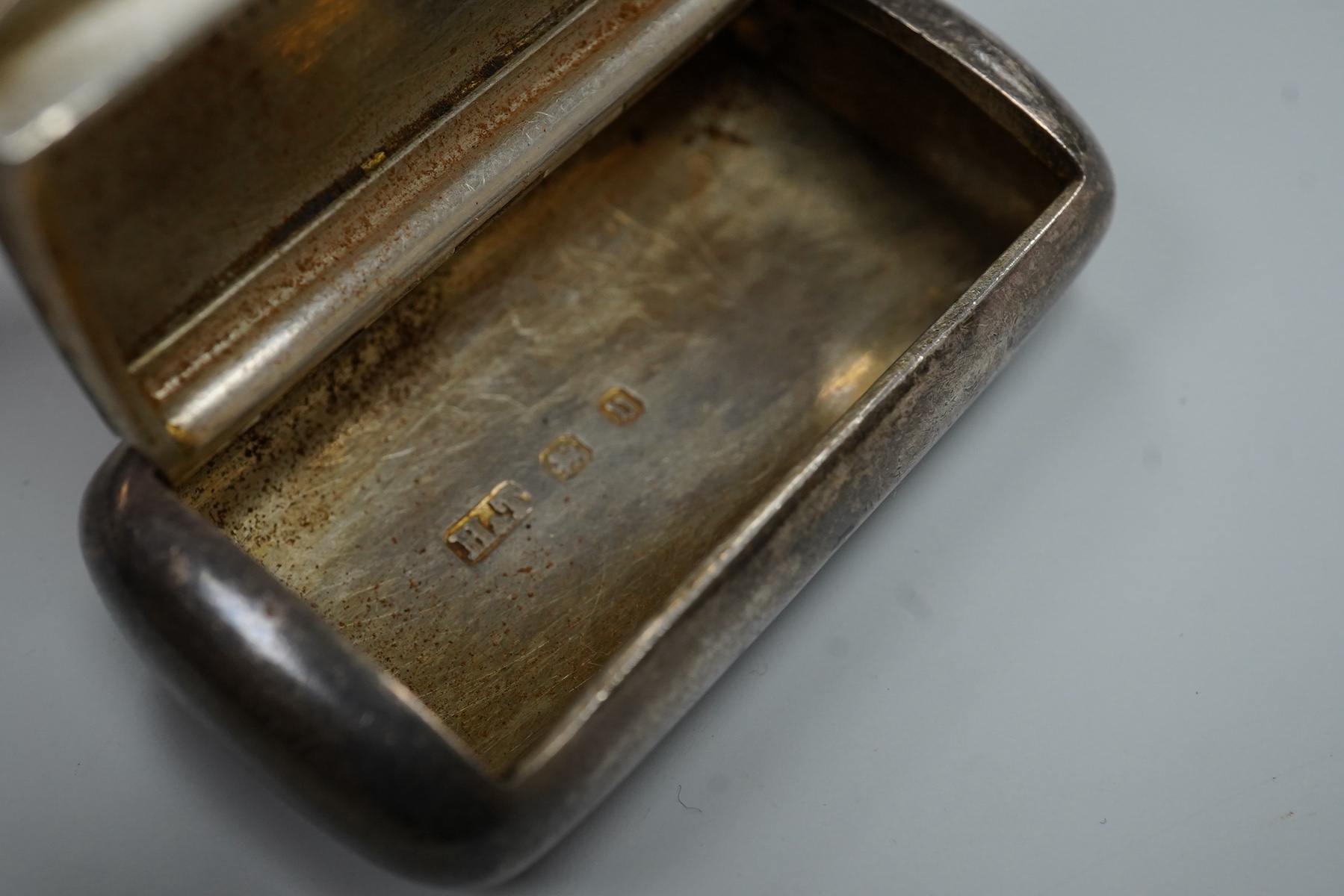 A William IV engine turned silver rectangular snuff box, by Joseph Wilmore, Birmingham, 1830, with later engraved inscription dated 1868 relating to a Turkish Baths in Brighton, known as The Hamman, 74mm, together with o